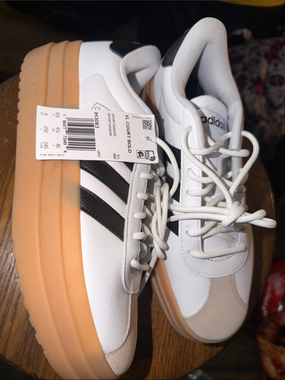adidas Kids White and Black Sneakers with Light Gum Platform Sole
